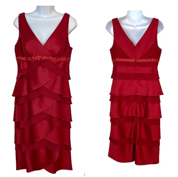 Alex Evenings Red Sleeveless Dress 8 Cocktail Party Tiered Embellished V-neck - Picture 1 of 15